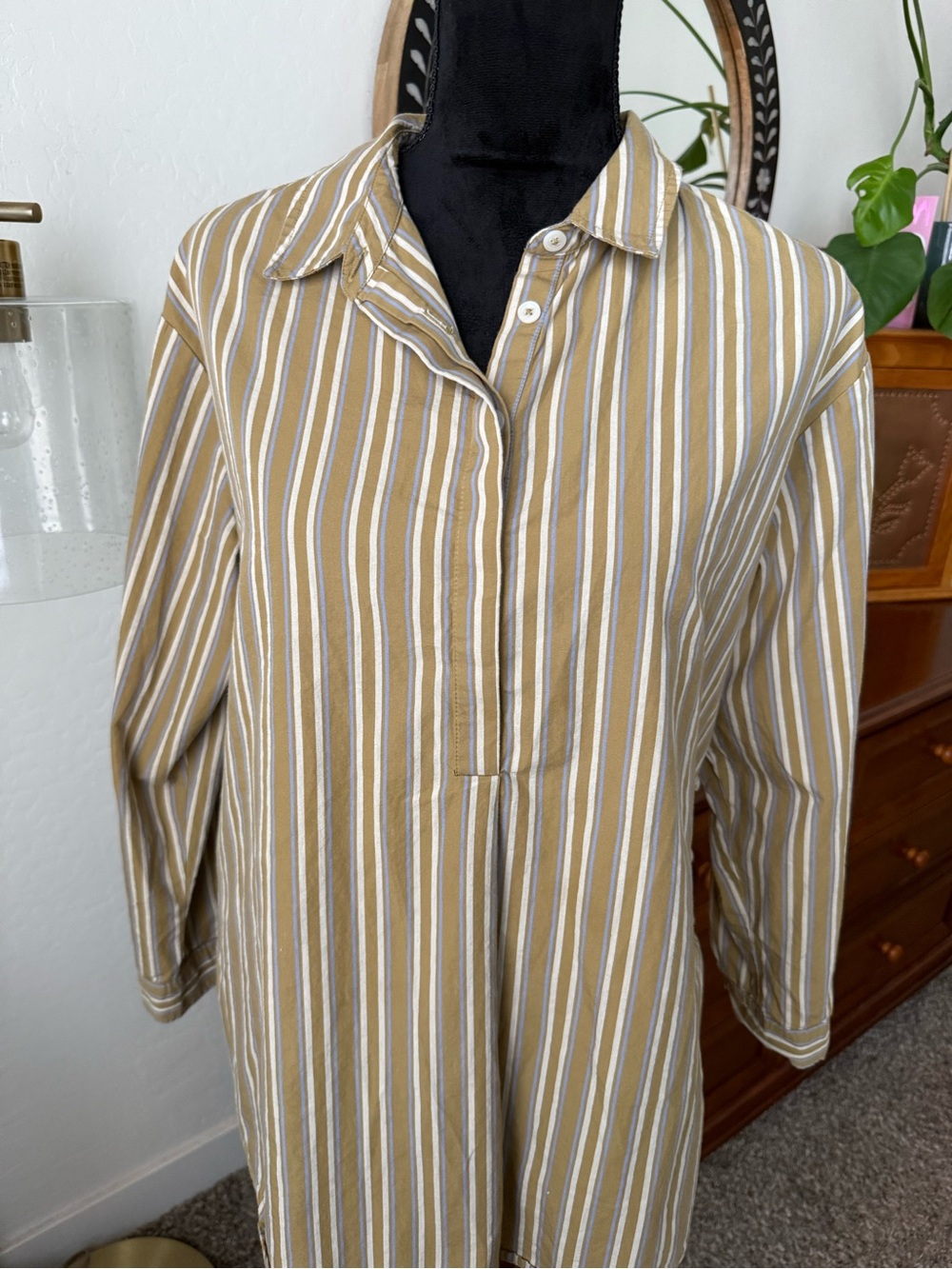 Anthropologie Striped Olive and Light Blue Cotton Blouse